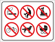 Табличка запрета входа с собакой, с сигаретой, на роликах...