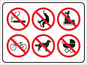 Табличка запрета входа с собакой, с сигаретой, на роликах
