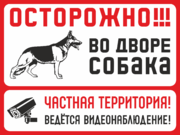 Табличка «Осторожно! Во дворе собака, Частная территория, Ведется видеонаблюдение»