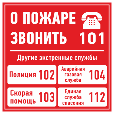 Знак О пожаре звонить 101 Другие экстренные службы 102, 103, 104, 112